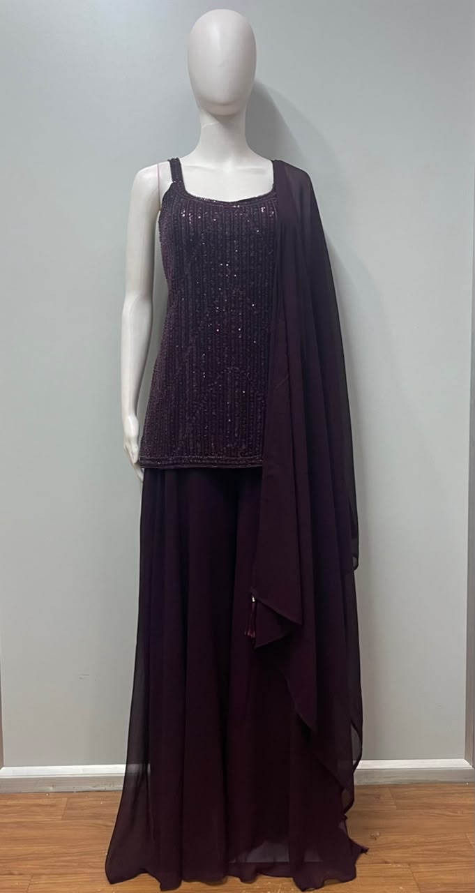 Midnight Plum Sequin Palazzo Couture Ensemble