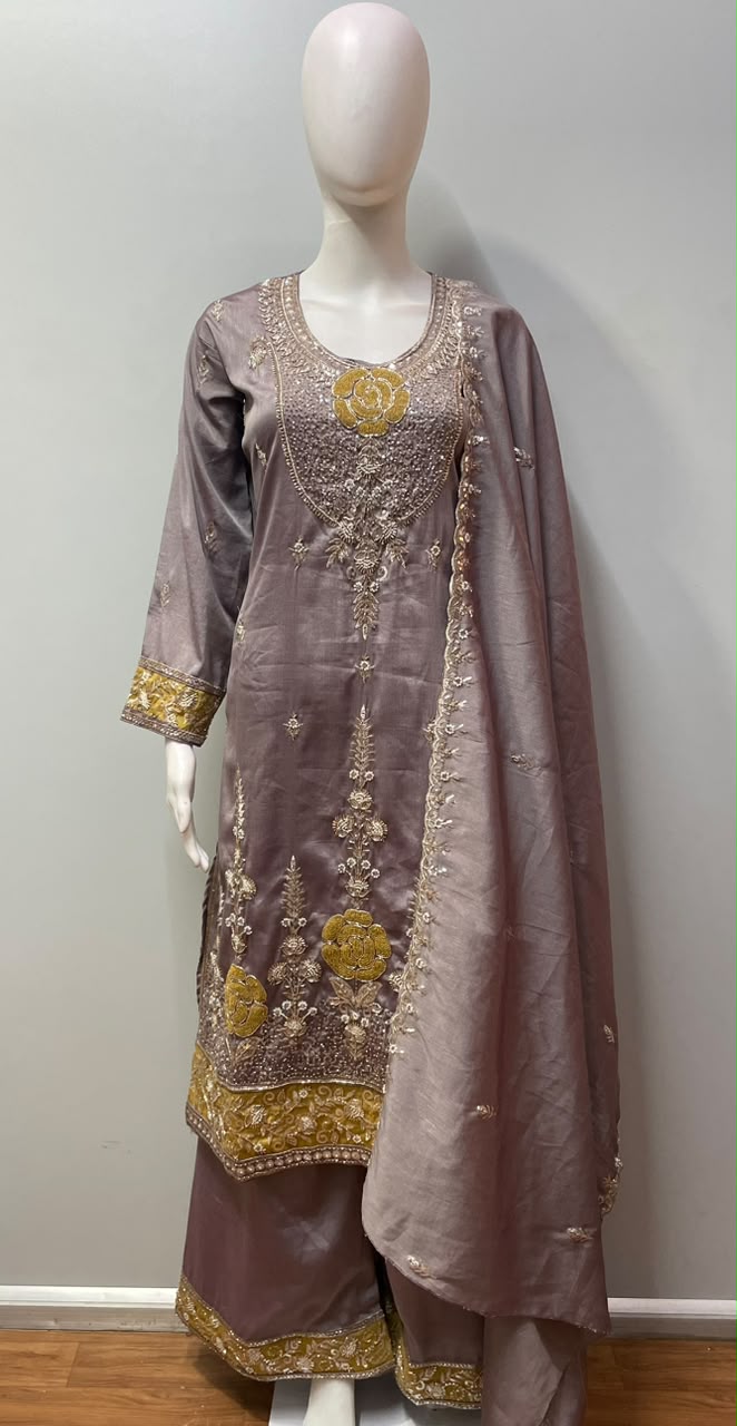 Smoky Mauve Gold Floral Palazzo Set