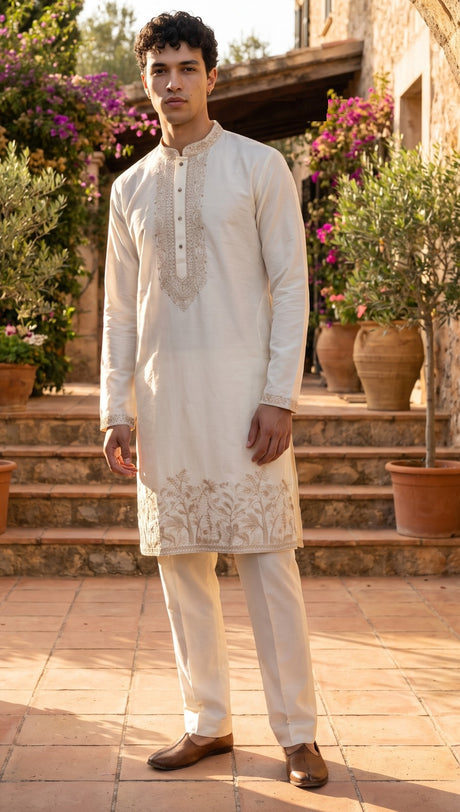 Men's ivory kurta with pastel heritage botanical embroidery and ivory trousers