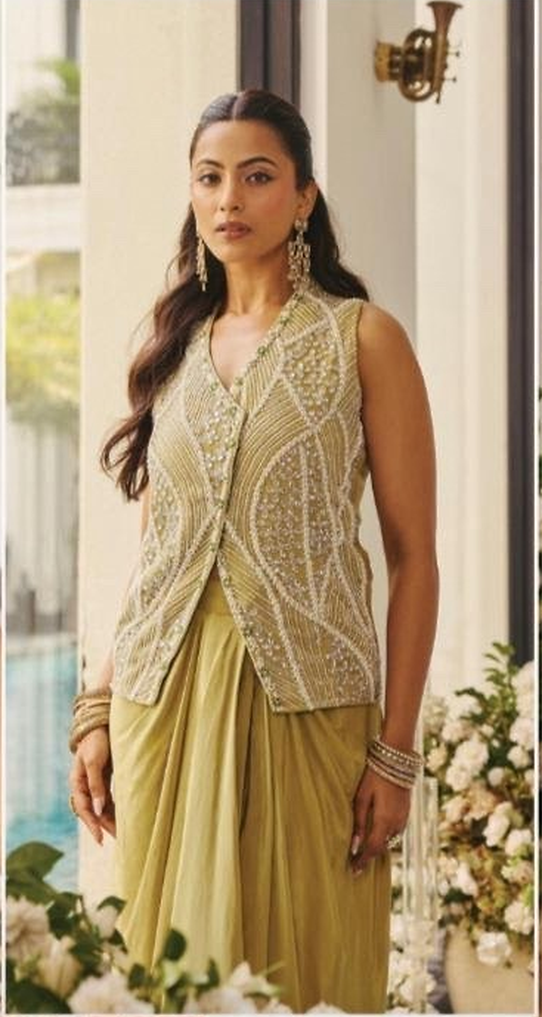 Antique Chartreuse Gold Crystal Jewel Draped Skirt Set