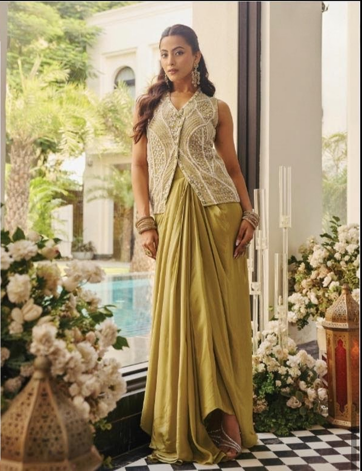 Antique Chartreuse Gold Crystal Jewel Draped Skirt Set
