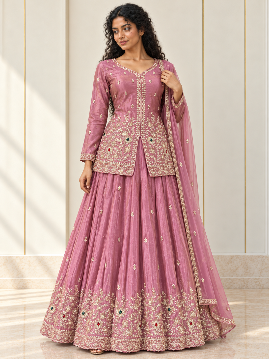 Dusty mauve embroidered jacket top with a flared skirt and sheer dupatta