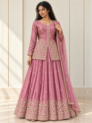 Dusty mauve embroidered jacket top with a flared skirt and sheer dupatta