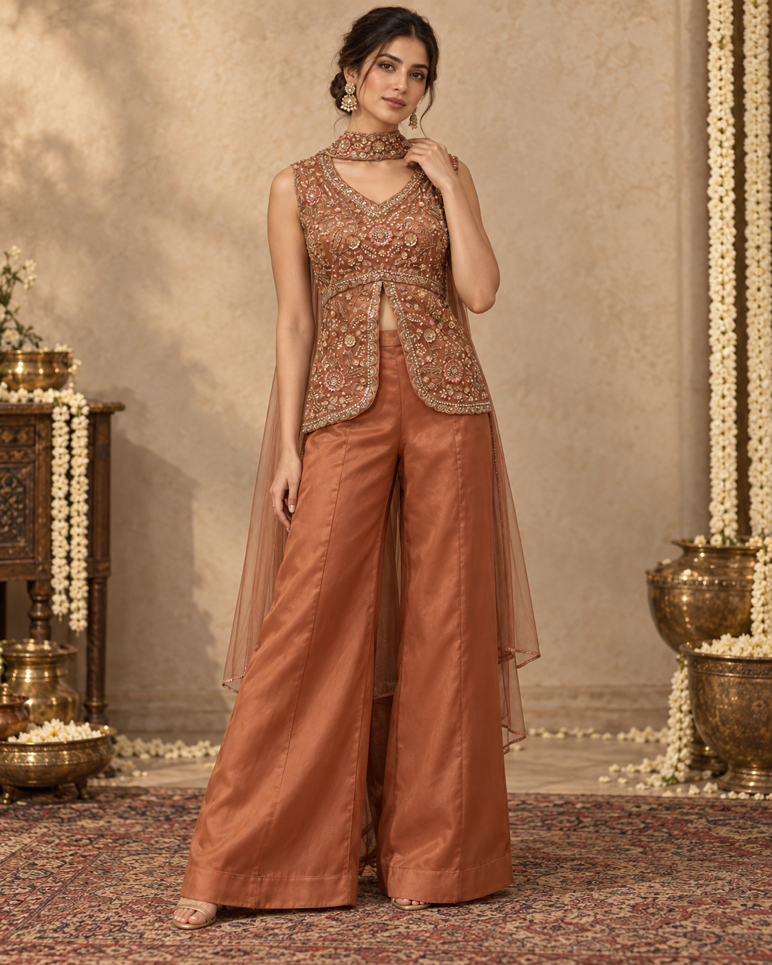 Copper Rose Gold Floral Palazzo Set