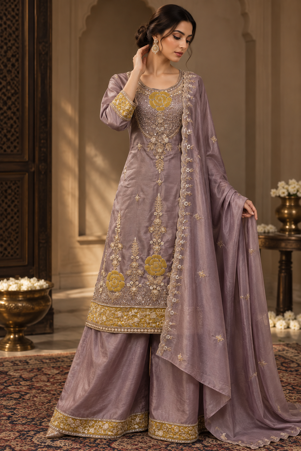 Smoky Mauve Gold Floral Palazzo Set