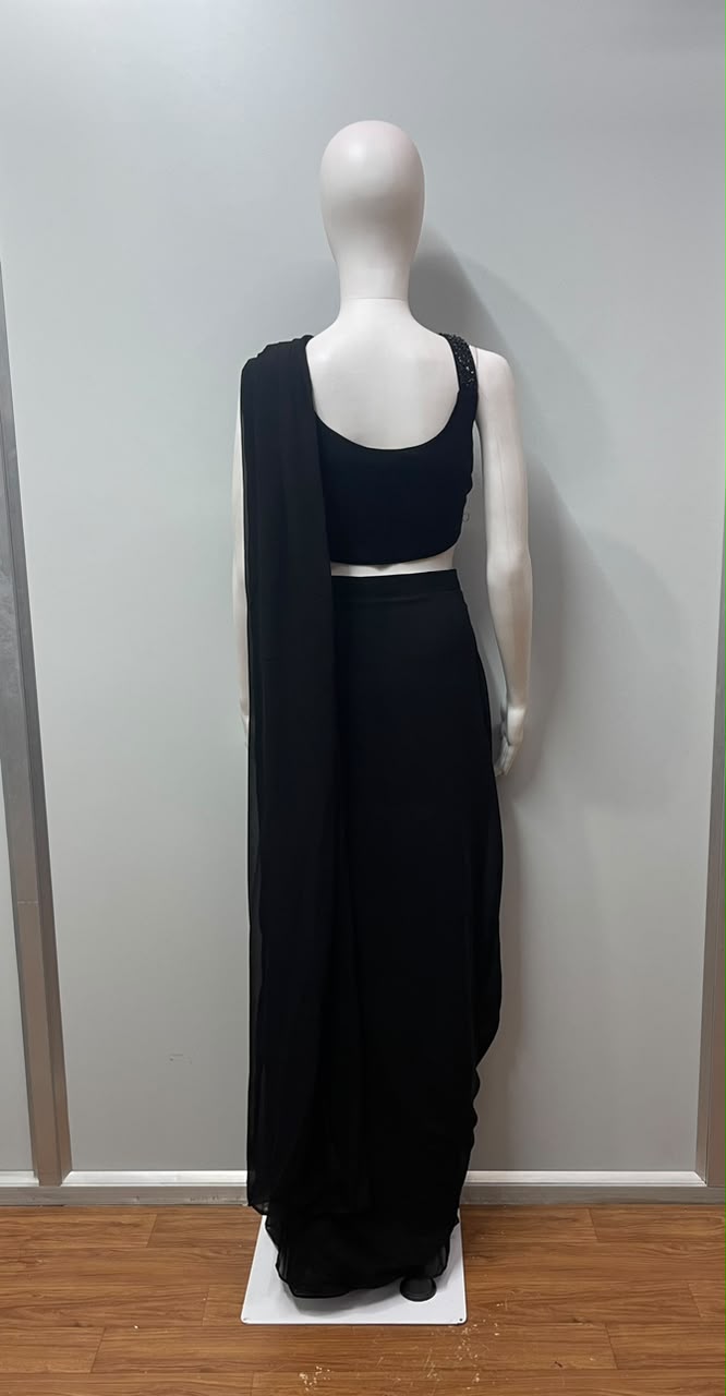 Classic Black Pre-Stitched Saree with Sequin Embellished Blouse – Contemporary Indian Party & Festive Wear