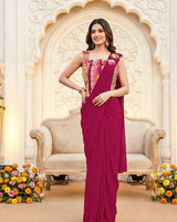 Fuchsia Draped Saree with Multicolor Embroidered Blouse - MishUUU