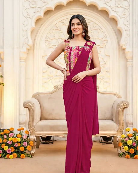 Fuchsia Draped Saree with Multicolor Embroidered Blouse - MishUUU