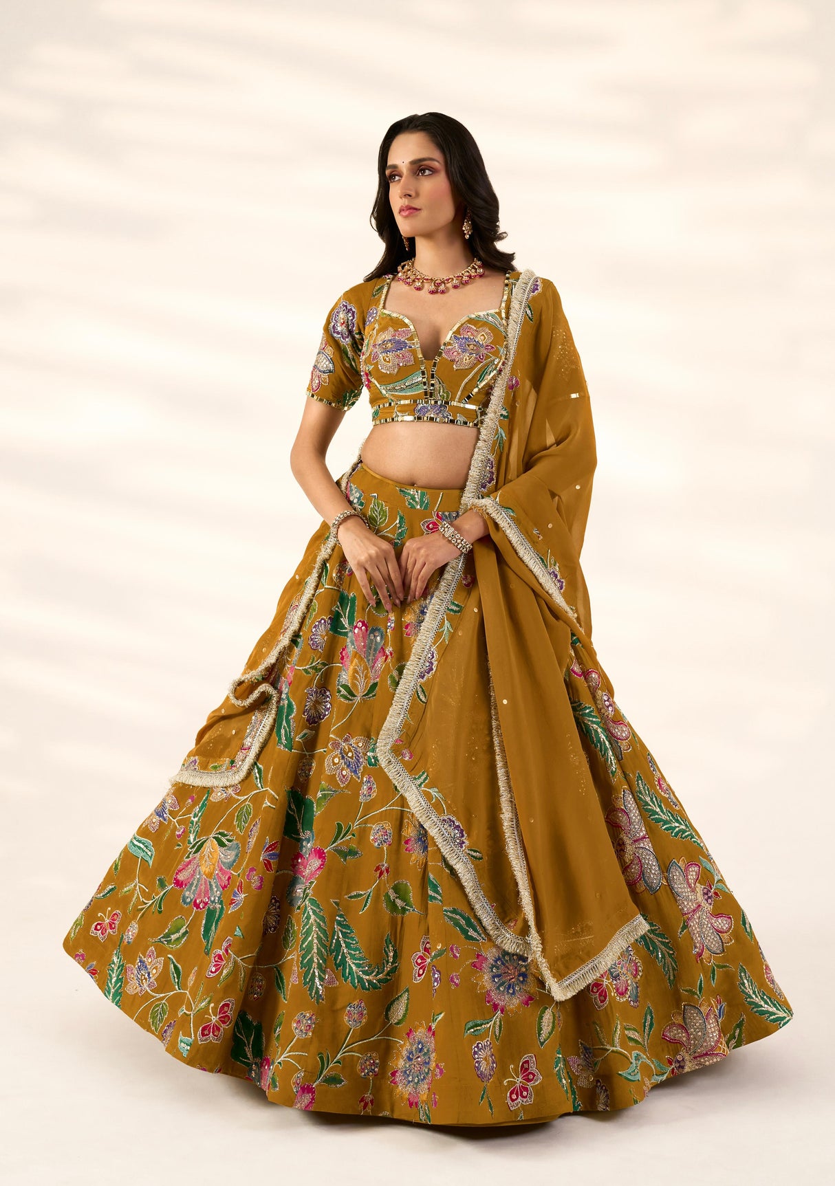 Mustard Floral Mirror Lehenga Set