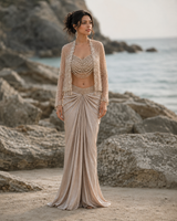 Taupe Pearl Jacket Draped Saree Couture