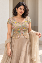 Champagne Ivory Multicolor Floral Jewel Lehenga Set