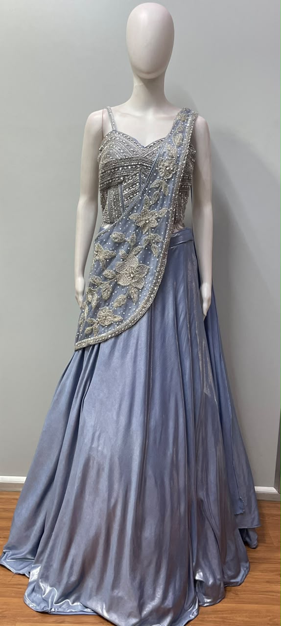 Steel Blue Silver Floral Draped Lehenga Set