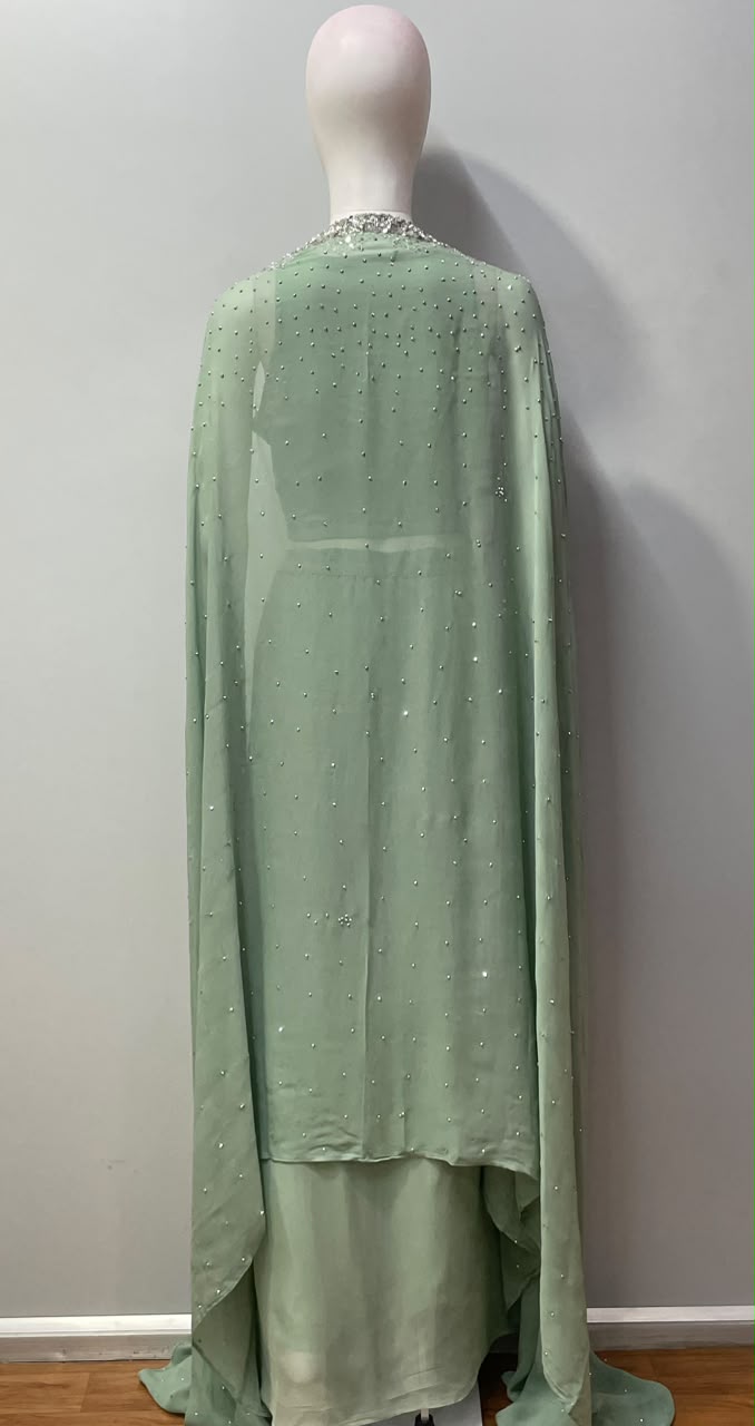 Mint green bustier and cape set featuring bead and sequin work