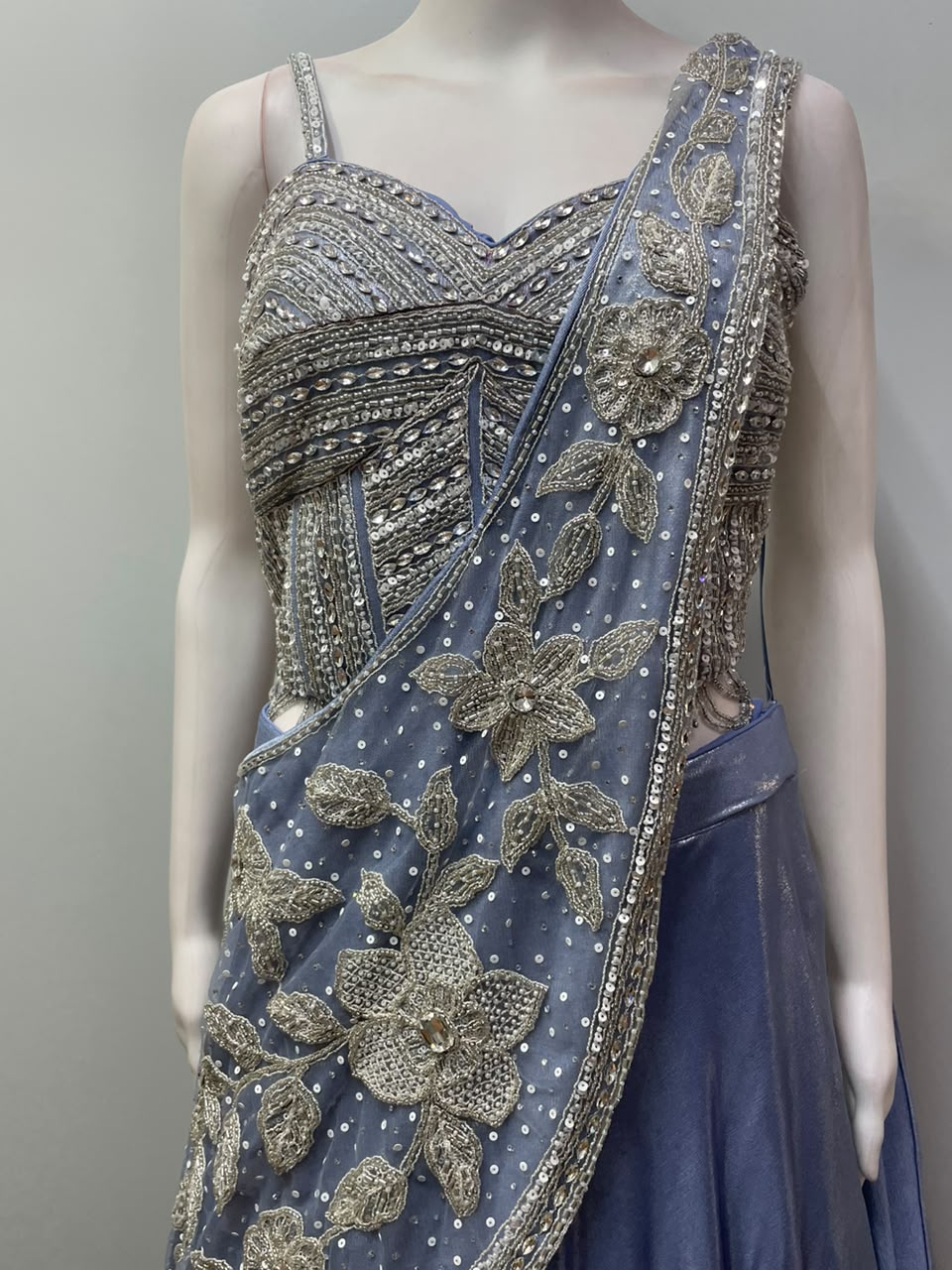 Steel Blue Silver Floral Draped Lehenga Set