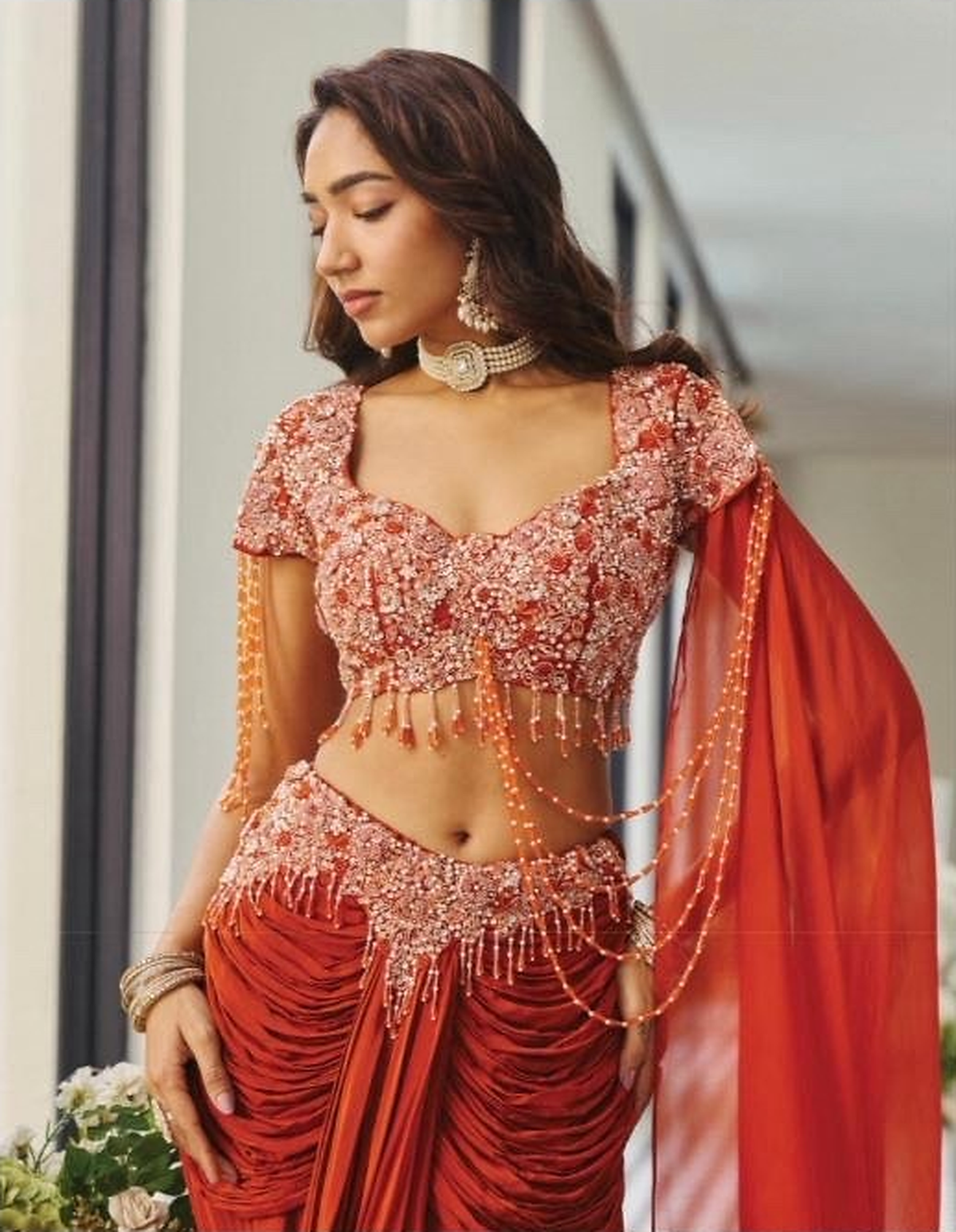 Terracotta Rose Champagne Crystal Fringe Draped Skirt Set
