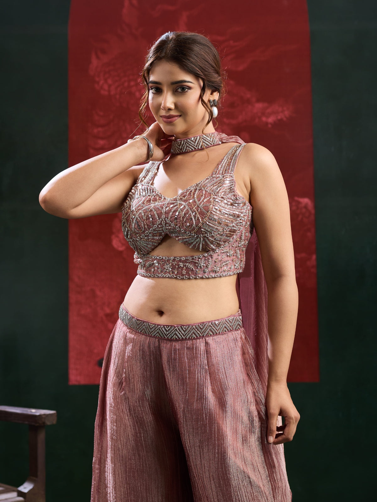 Dusty Rose Silver Crystal Palazzo Set