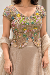 Champagne Ivory Multicolor Floral Jewel Lehenga Set