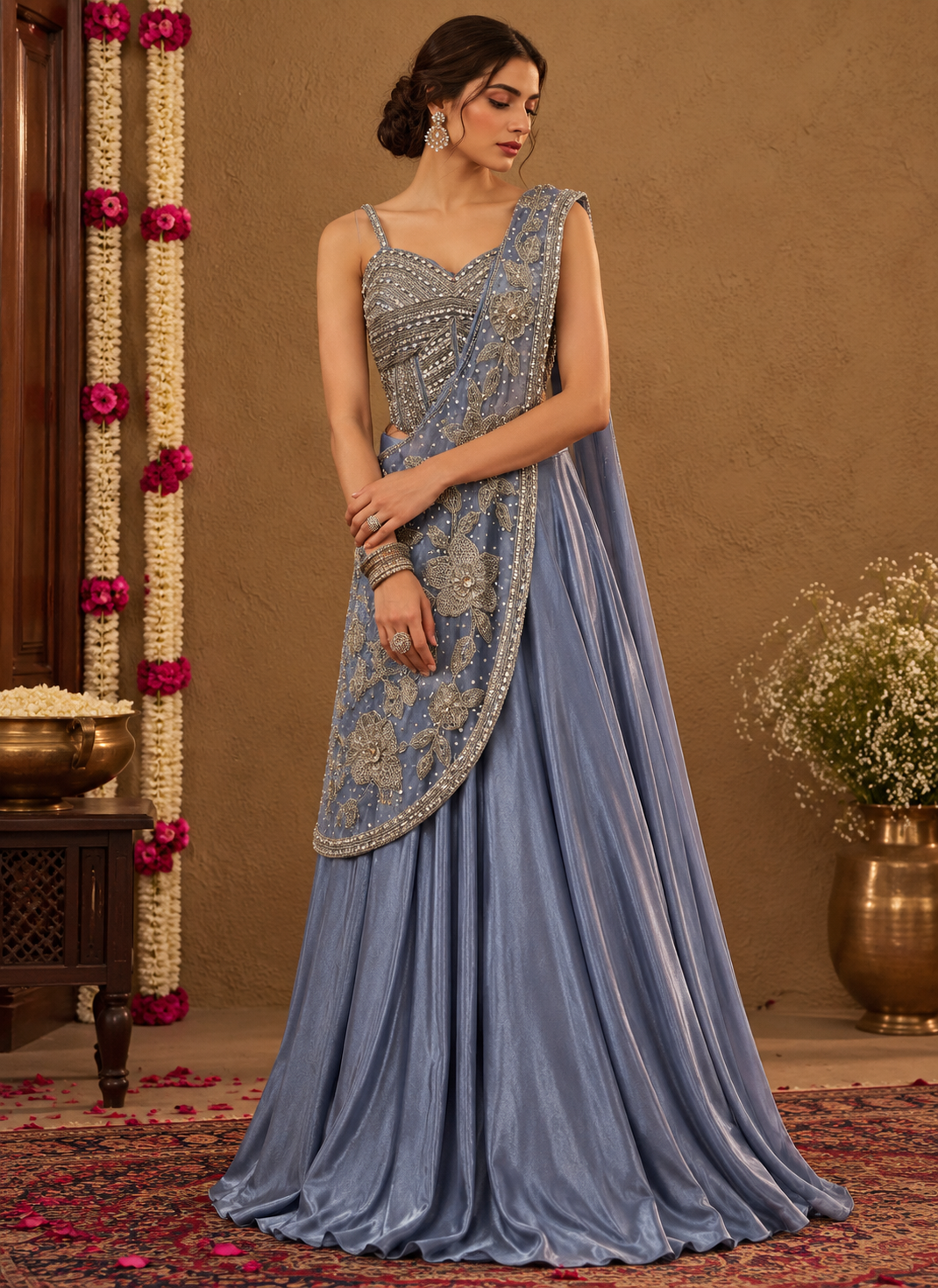 Steel Blue Silver Floral Draped Lehenga Set