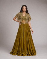 Olive Gold Embroidered Cape Lehenga Ensemble