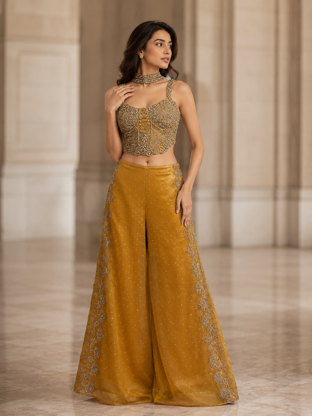 Mustard Gold Embroidered Corset Palazzo Set