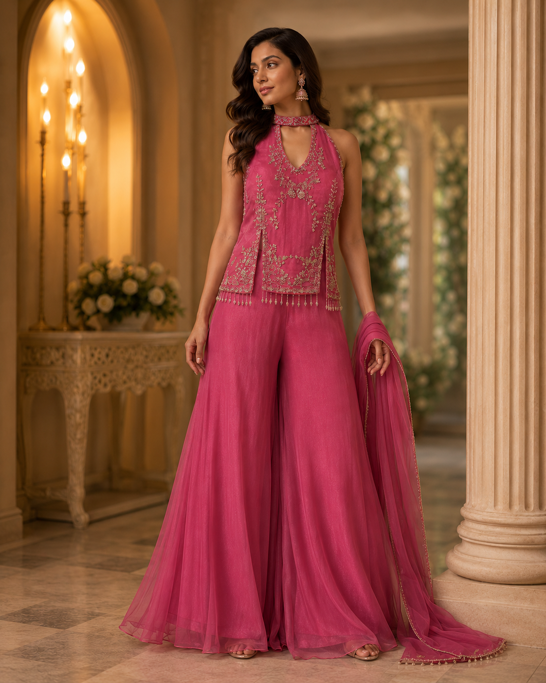 Raspberry Silver Embroidered Kurta Palazzo Set