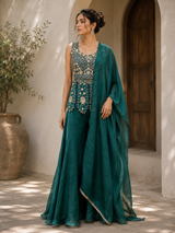 Deep Teal Gold Embroidered Peplum Palazzo Set