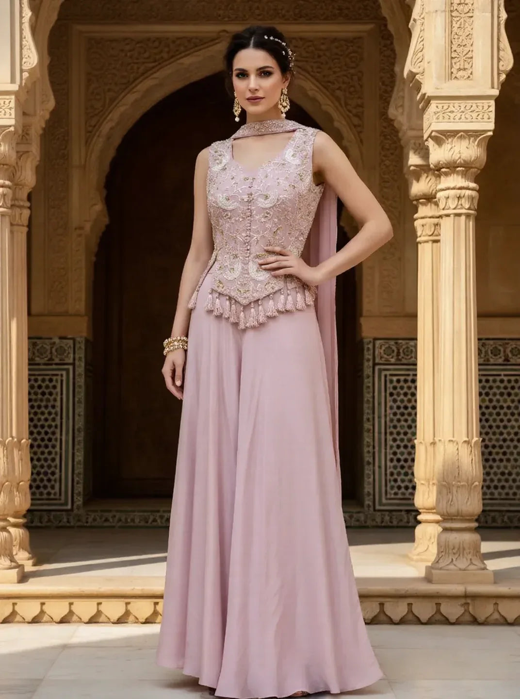 Blush Rose Embroidered Palazzo Set - MishUUU