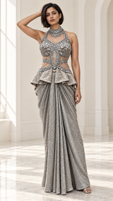 Silver Grey Crystal Jewel Peplum Draped Skirt Set