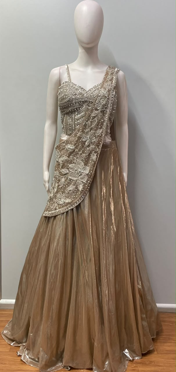 Champagne Taupe Silver Floral Draped Lehenga Set