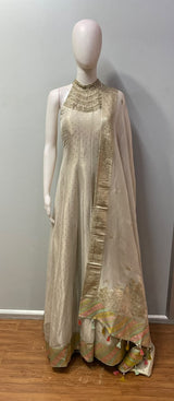 Champagne Gold Halter Pastel Border Anarkali Set