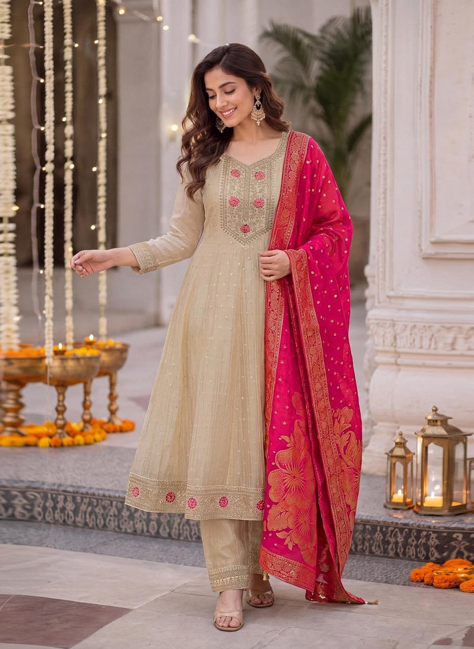 Champagne Ivory Rani Pink Gold Floral A-Line Kurta Set