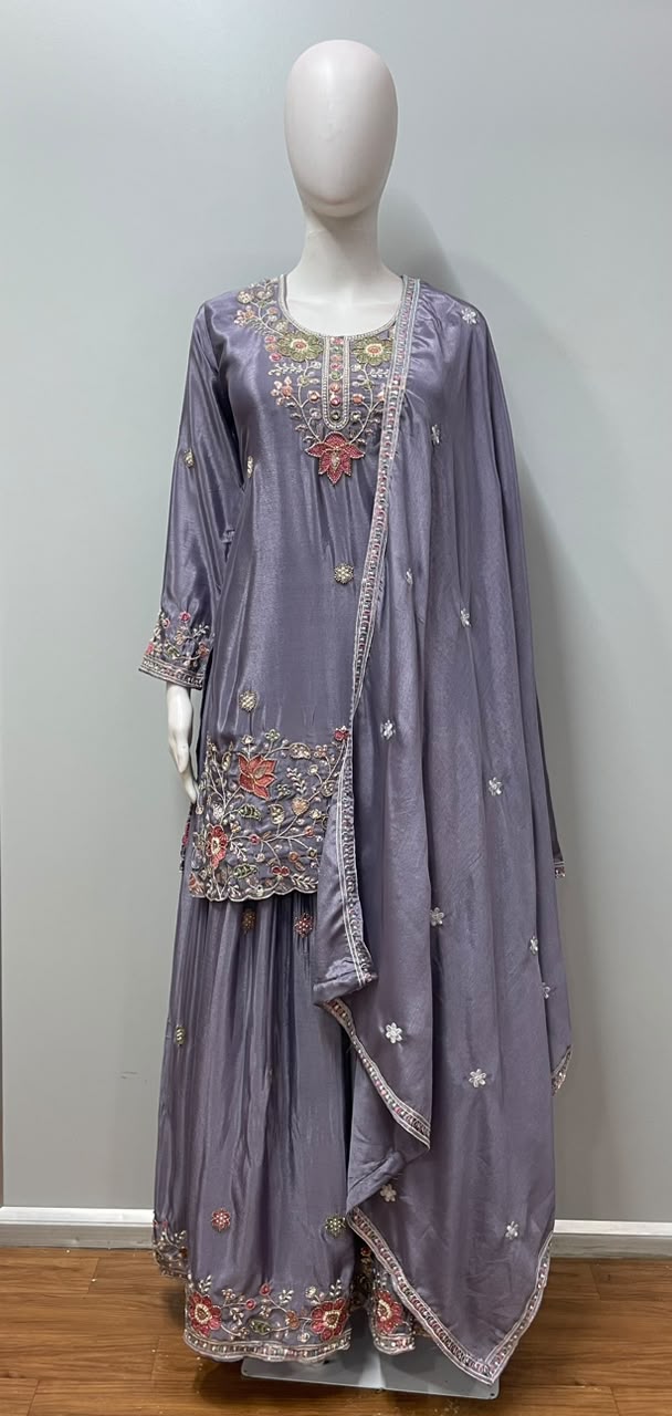 Smoky Lilac Floral Embroidered Festive Ensemble