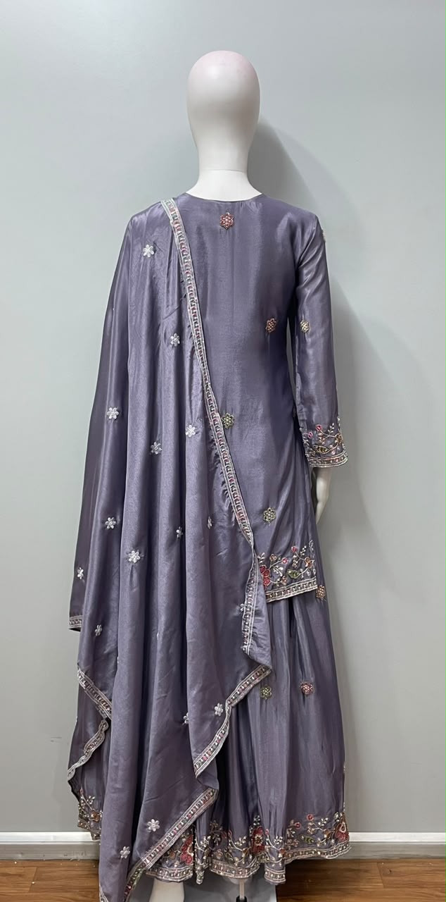 Smoky Lilac Floral Embroidered Festive Ensemble