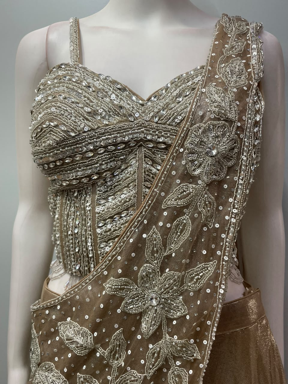 Champagne Taupe Silver Floral Draped Lehenga Set