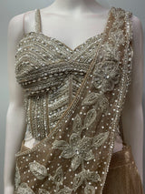 Champagne Taupe Silver Floral Draped Lehenga Set