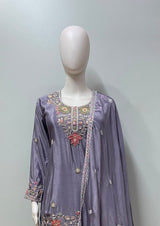 Smoky Lilac Floral Embroidered Festive Ensemble