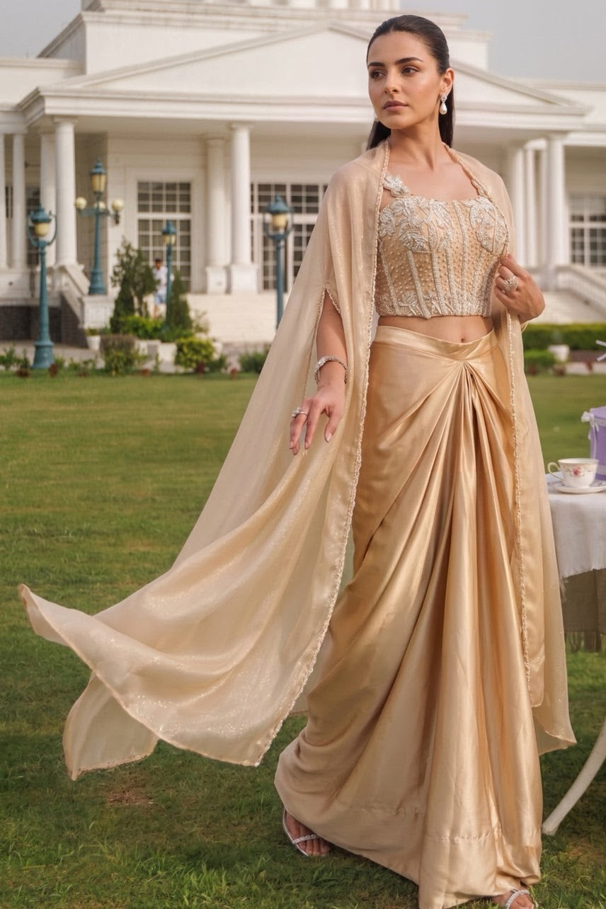 Floor-length champagne draped skirt with gathered vertical pleating