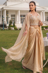 Floor-length champagne draped skirt with gathered vertical pleating