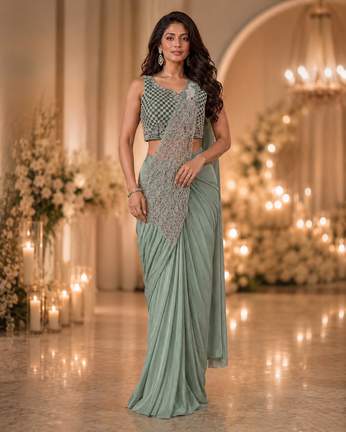 Sage Silver Luxe Saree Ensemble