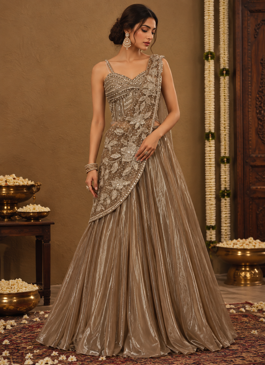 Champagne Taupe Silver Floral Draped Lehenga Set