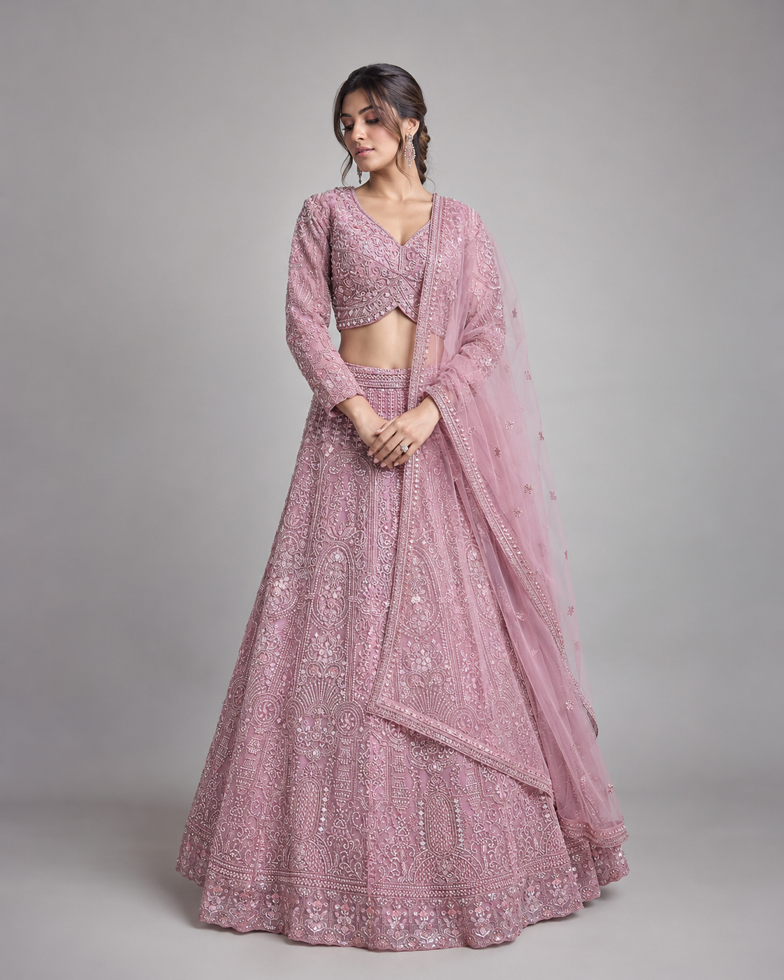Dusty Mauve Silver Embroidered Bridal Lehenga