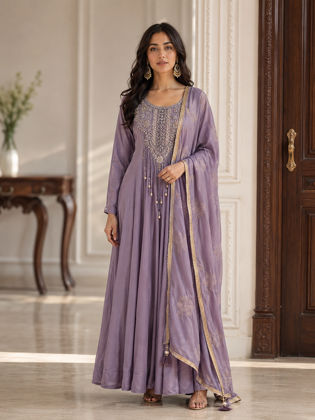 Smoky Lilac Silver Embroidered Anarkali Dupatta Set