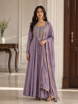 Smoky Lilac Silver Embroidered Anarkali Dupatta Set