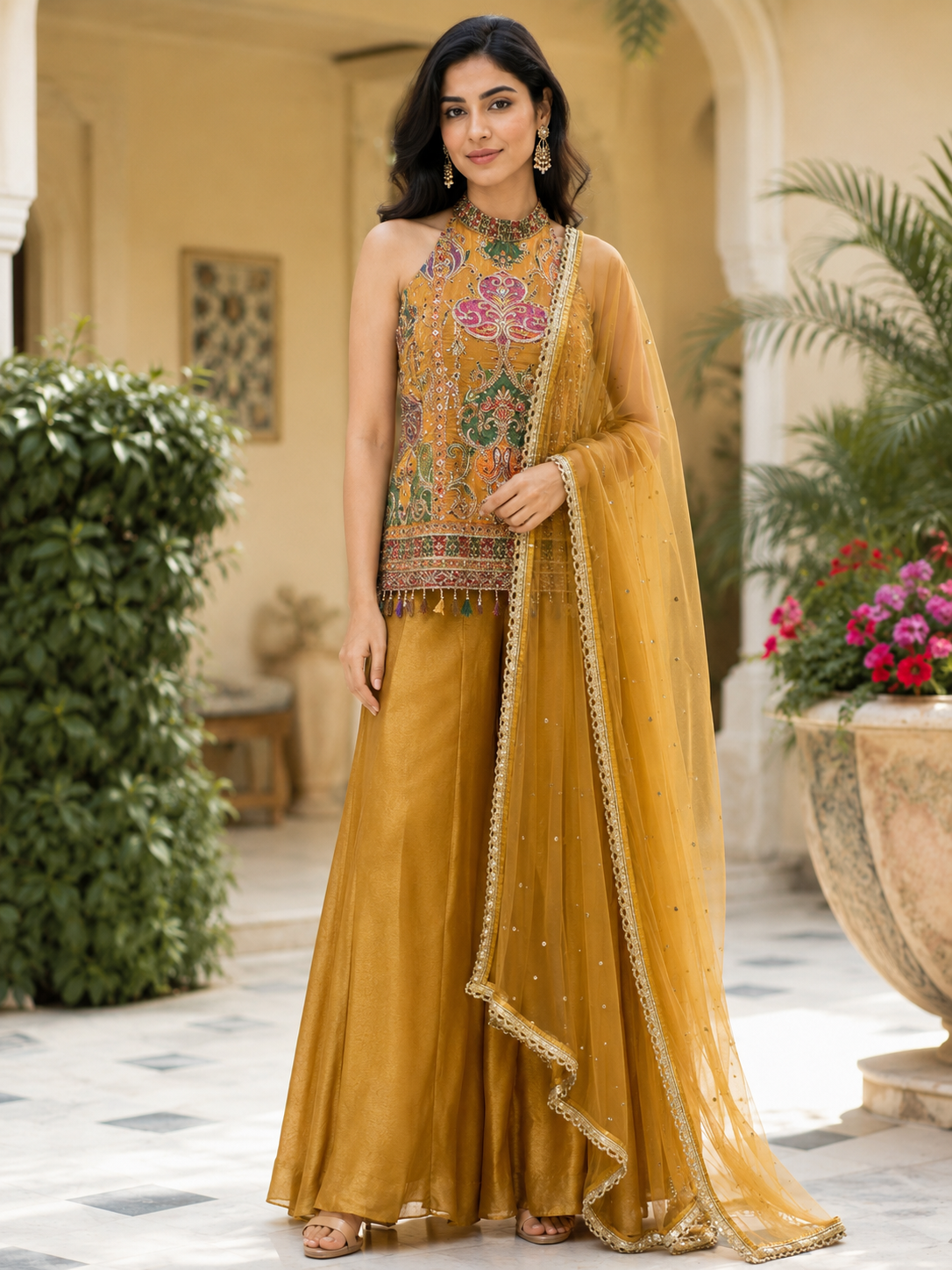 Mustard Gold Jewel Embroidered Palazzo Ensemble