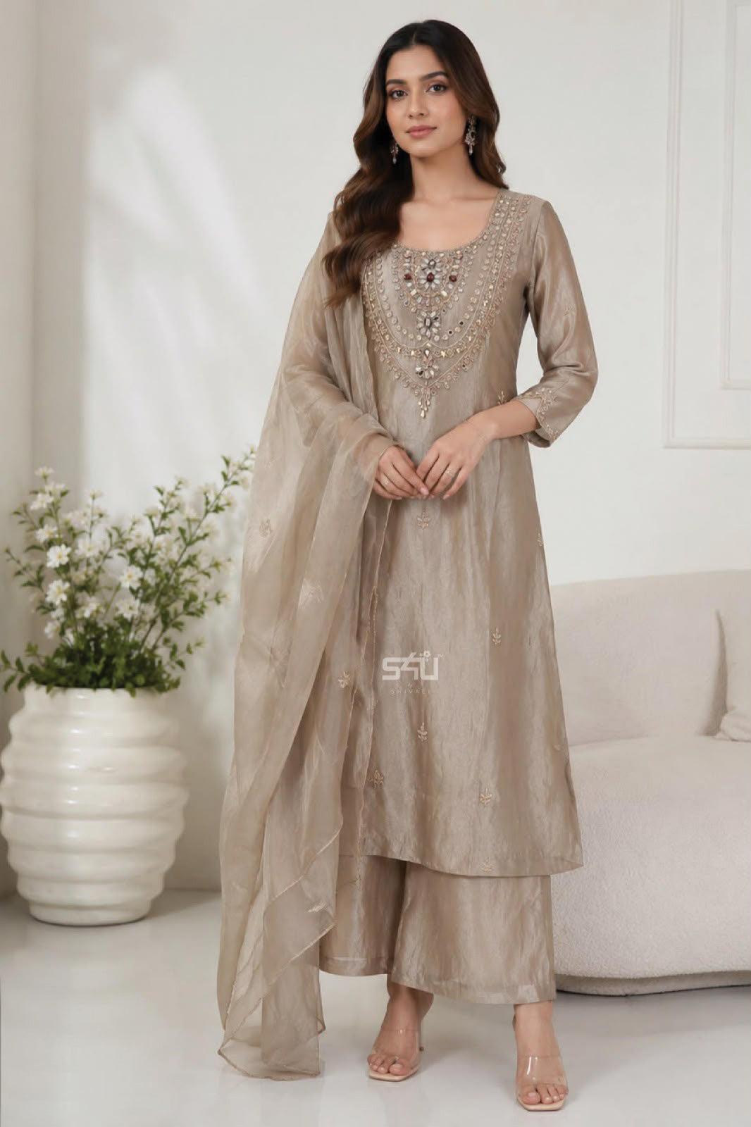 Champagne Taupe Embroidered Palazzo Set