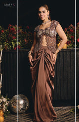 Cocoa Mocha Bronze Crystal Floral Peplum Draped Skirt Set