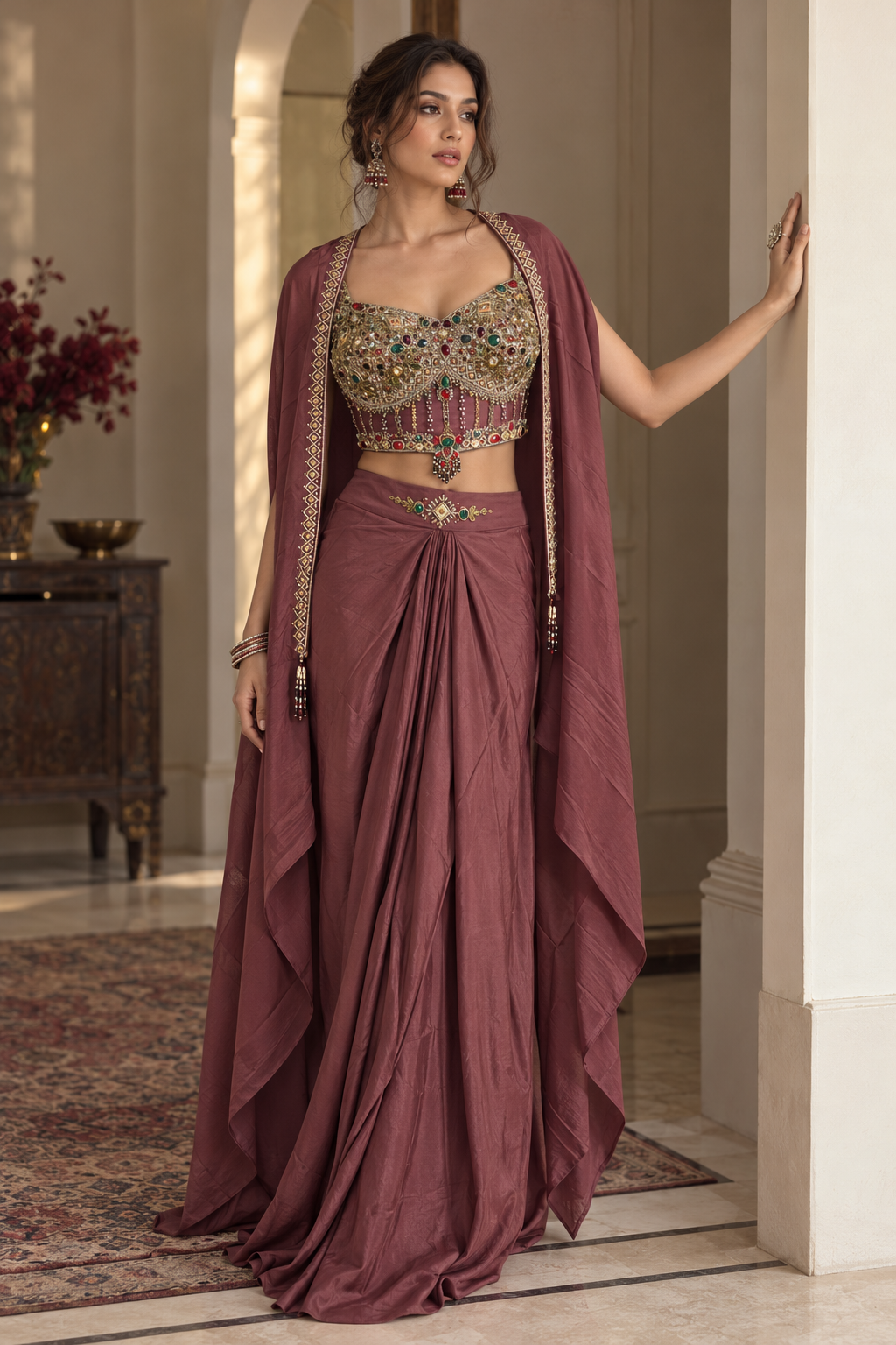Smoky Mauve Multicolor Jewel Cape Dhoti Set