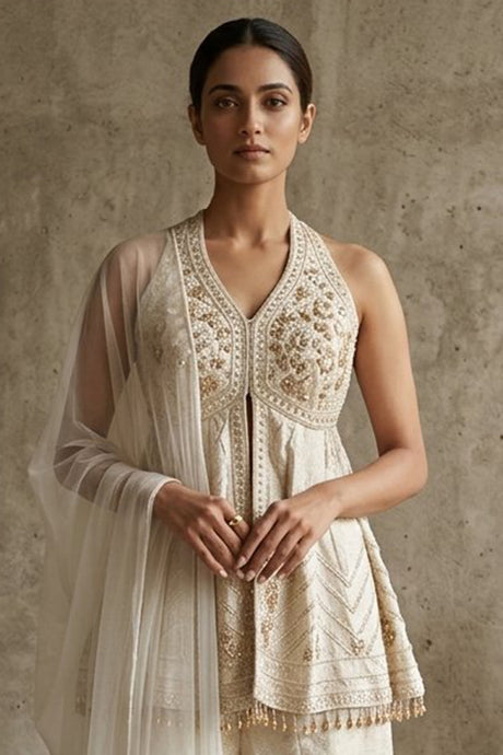 Ivory Champagne Antique Gold Jewel Peplum Palazzo Set