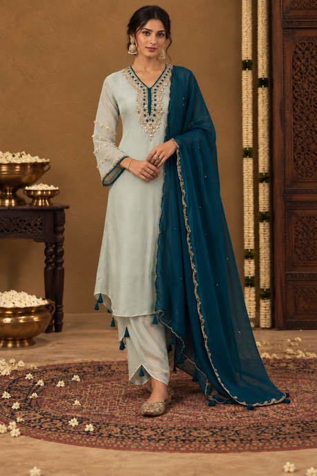 Ice mint kurta set with jewel neckline detailing, straight trousers and a deep teal dupatta