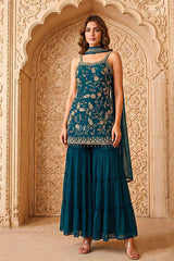 Teal Embroidered Layered Sharara Set